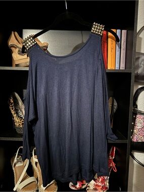 Forever 21 Navy Long-Sleeve Top with Studded Shoulders